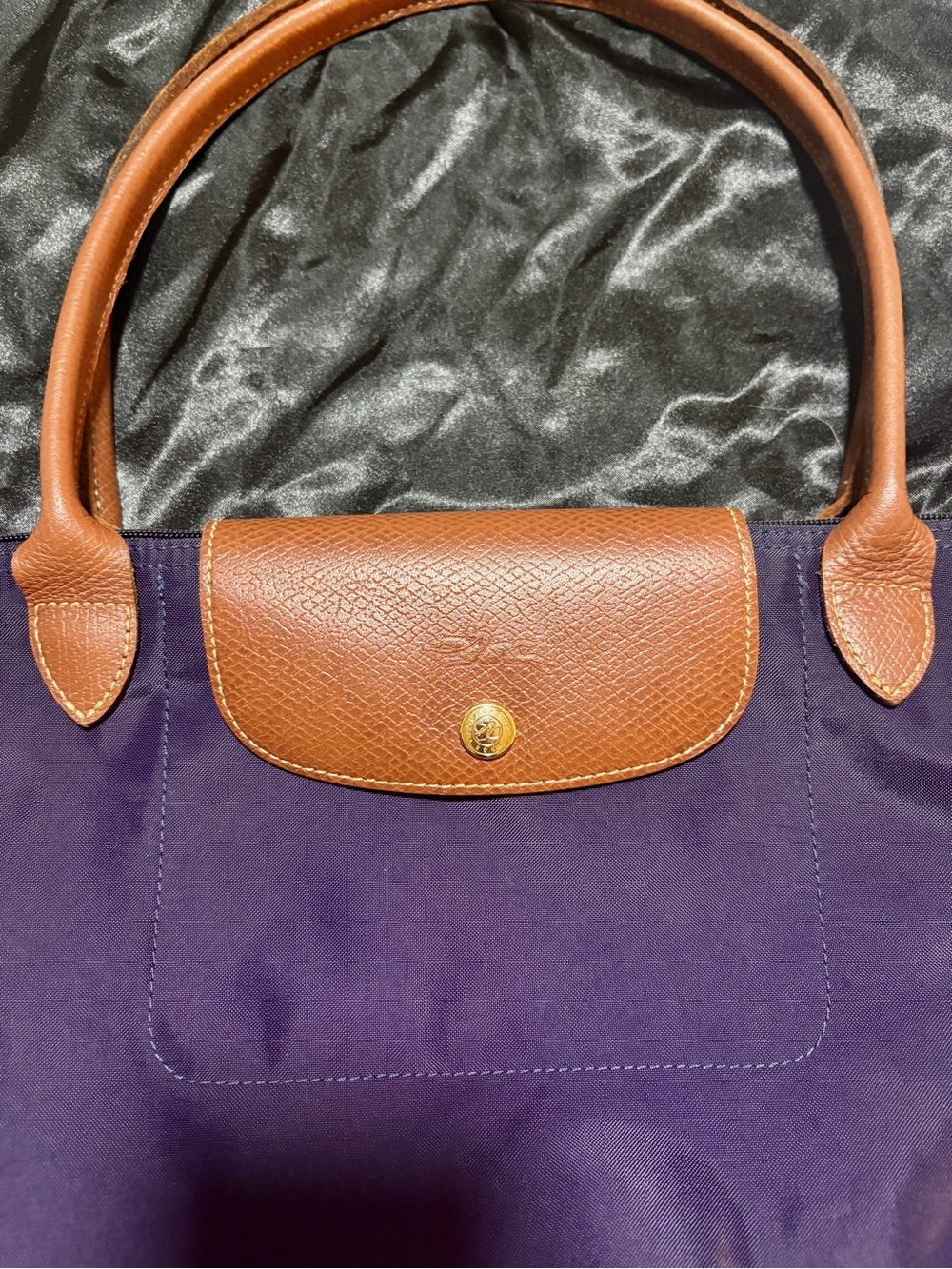 Longchamp Le Pliage Shopping Tote Purple Plum Nylon Large - Brown Leather - Picture 5 of 13